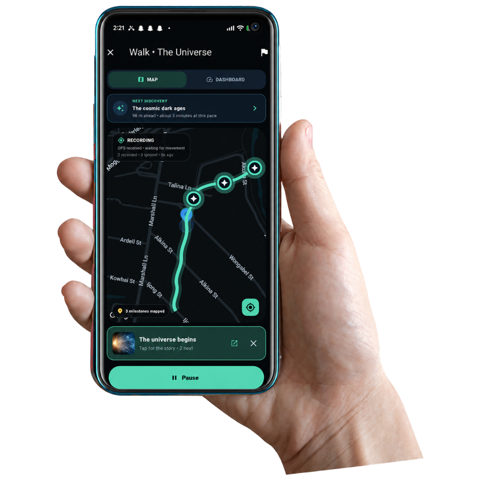A hand holding a phone showing the Time Trek Universe walking map and discovery milestones.